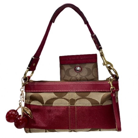Coach Handbags - Coach 2006  Signature Canvas Shoulder Bag with Red Trim, card holder & charm